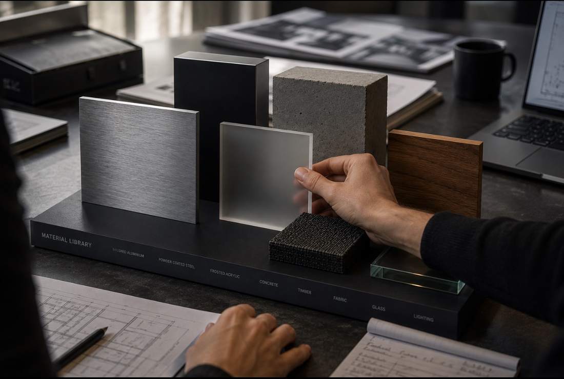 Material samples laid out on a studio material library rail beside working drawings