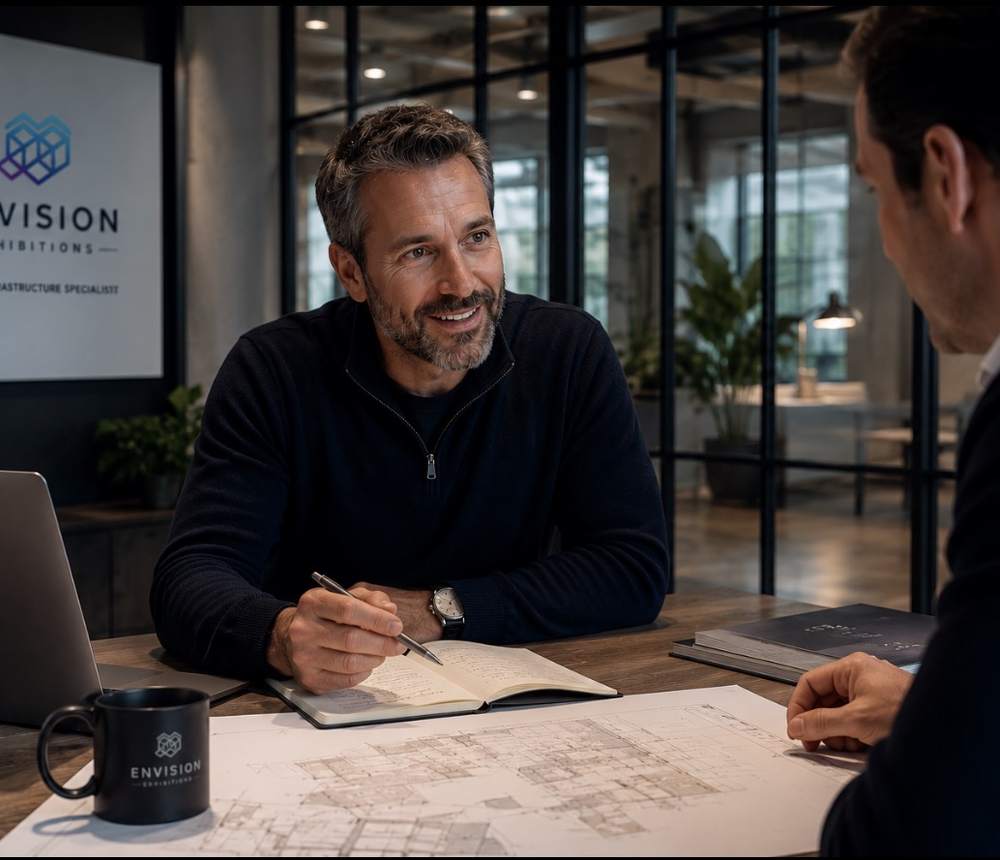 Envision team member talking a client through drawings across a table