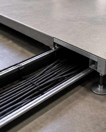Cable run concealed beneath a raised floor edge