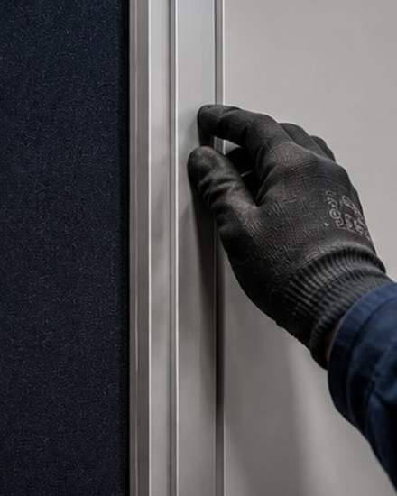 Gloved hand fitting a panel into its frame