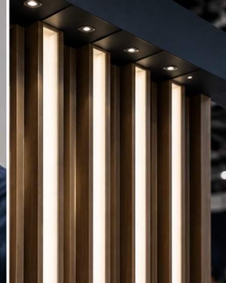 Timber slat wall with integrated downlights