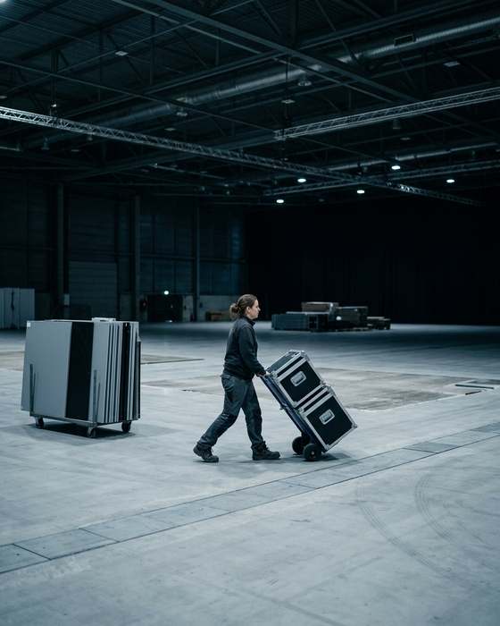 Crew wheeling flight cases out of an emptying hall