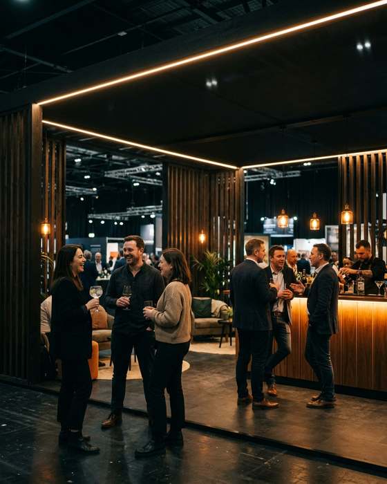 Guests with drinks at a stand in warm evening light