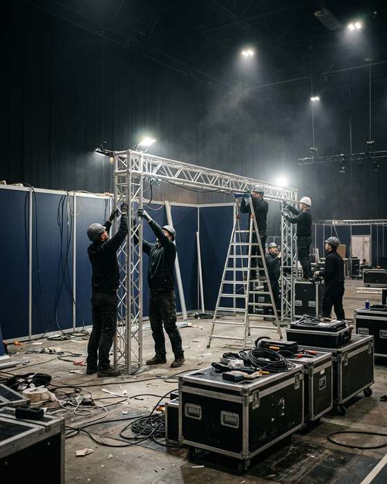 Crew assembling truss and stand structure during build-up