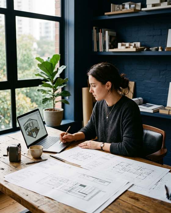 Designer working through stand drawings at a studio desk