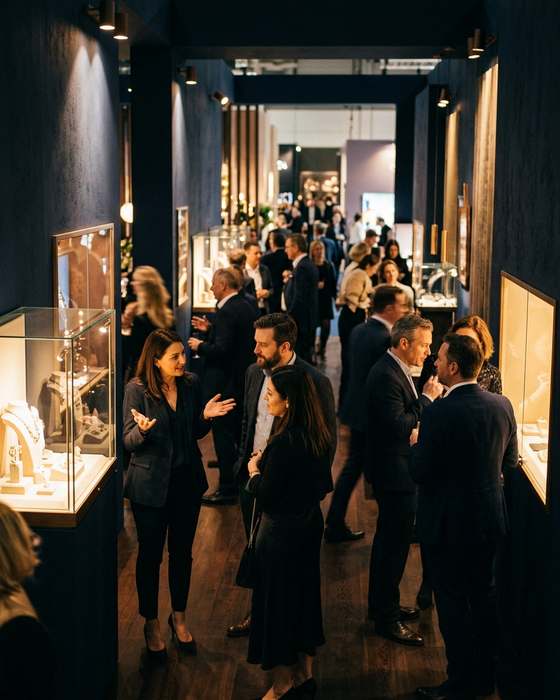 Visitors talking and looking at displays on a busy stand