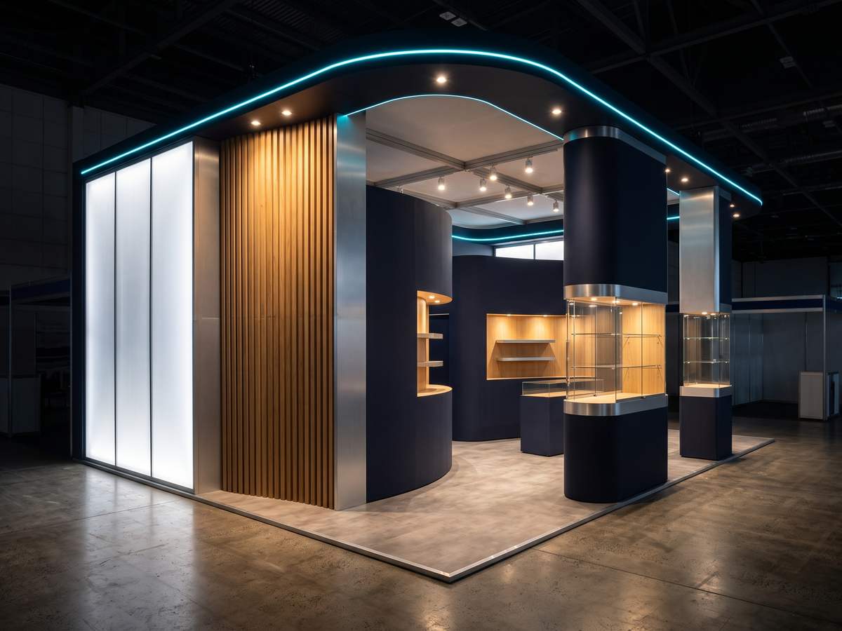 Custom built stand with curved navy walls, timber slats and a backlit feature wall