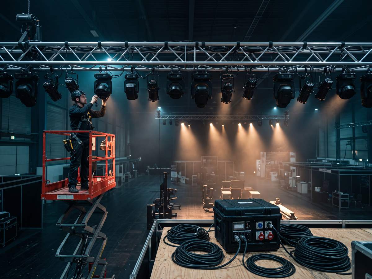 Overhead truss loaded with stage lighting and dressed cable looms