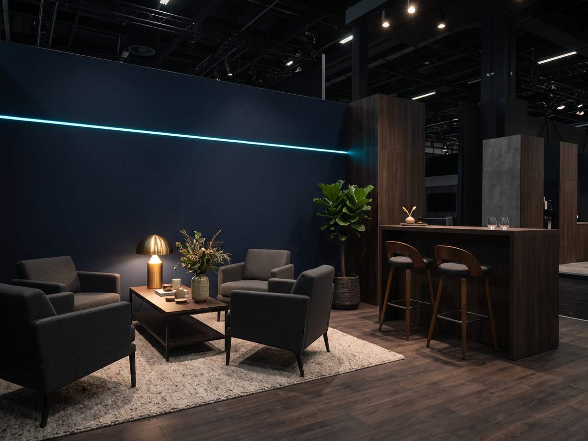 Lounge seating and a bar counter inside a finished exhibition stand