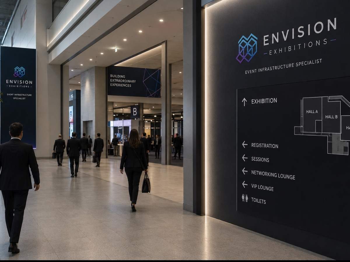 Branded directional signage and wayfinding in a venue concourse