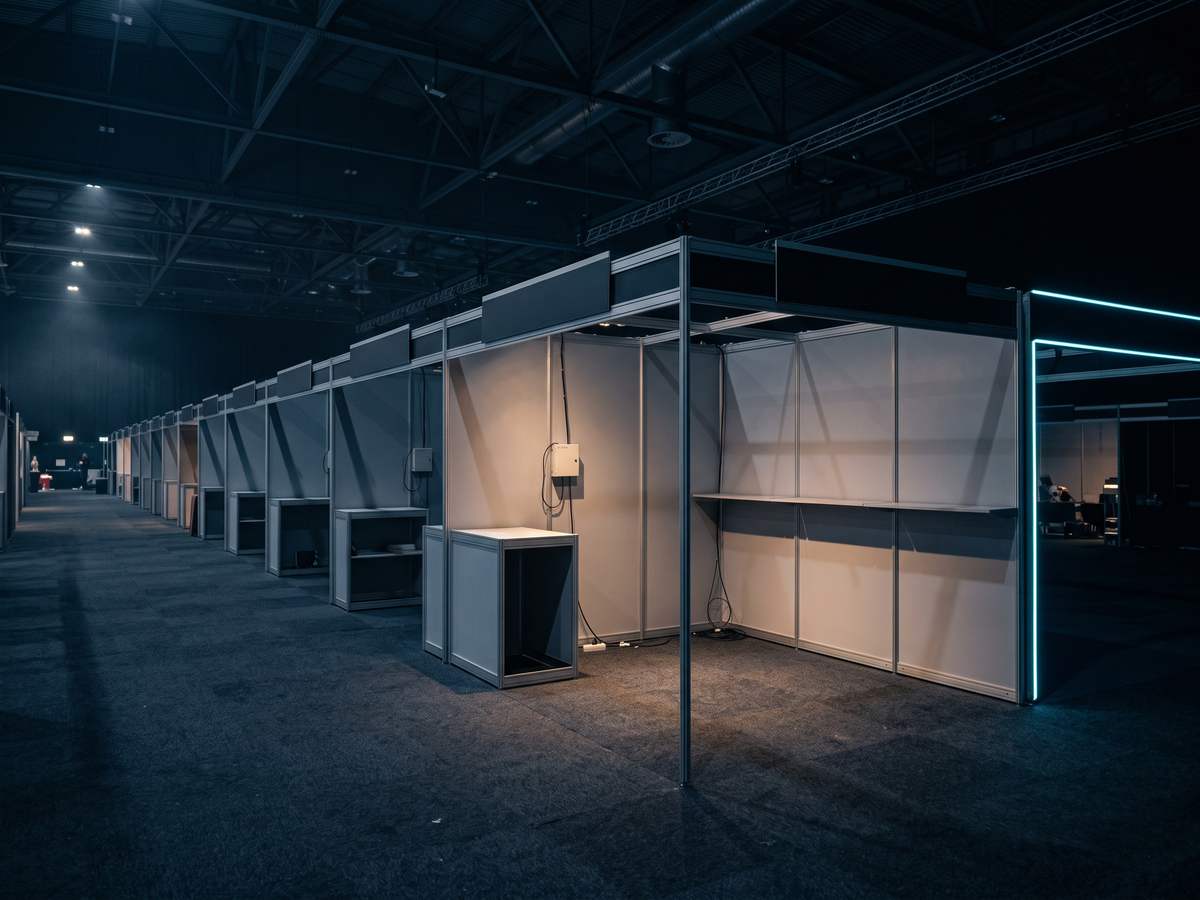 Rows of shell scheme booths built out along an exhibition aisle