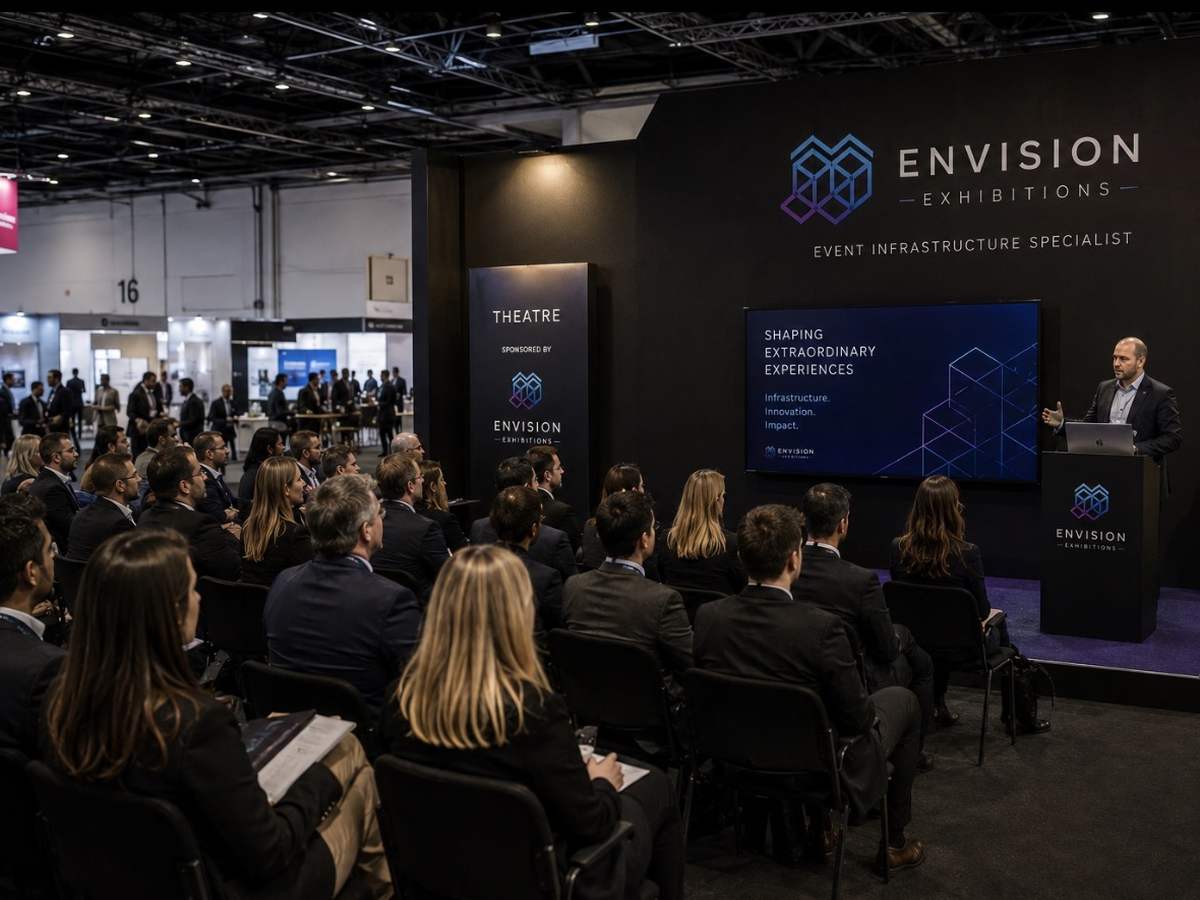 Seated audience at a stand theatre during a presentation